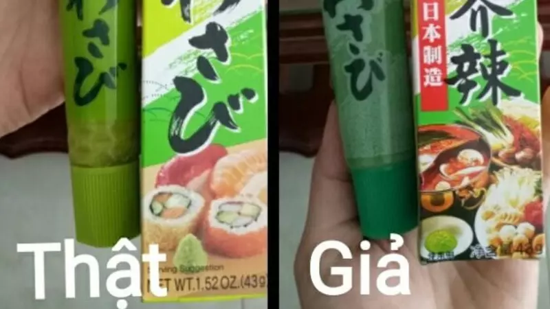 Wasabi giả hình ống có nắp tròn, trong khi wasabi thật có nắp luôn có các cạnh vát