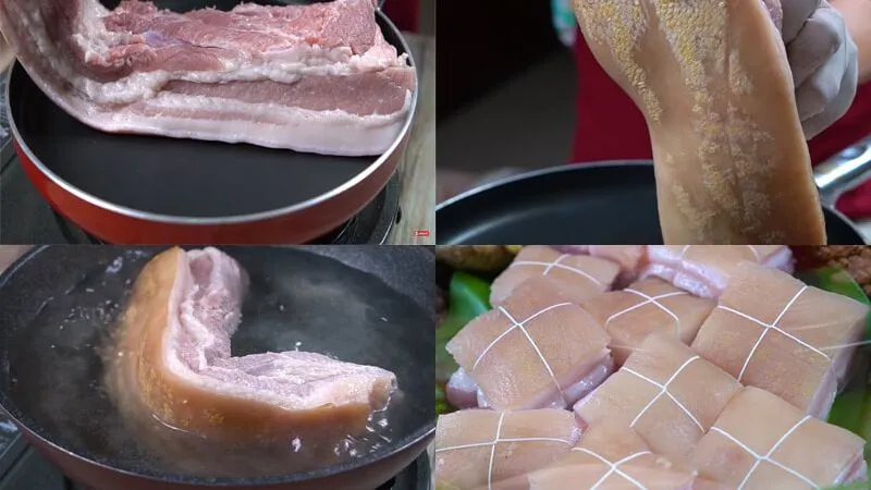 Sau khi thực hiện luộc và cắt khúc thit, bạn cẩn thận xếp các nguyên liệu và thịt vào nồi.