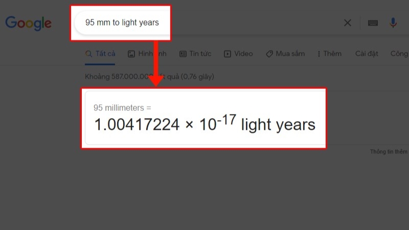 Đổi từ ly sang đơn vị khác bằng Google