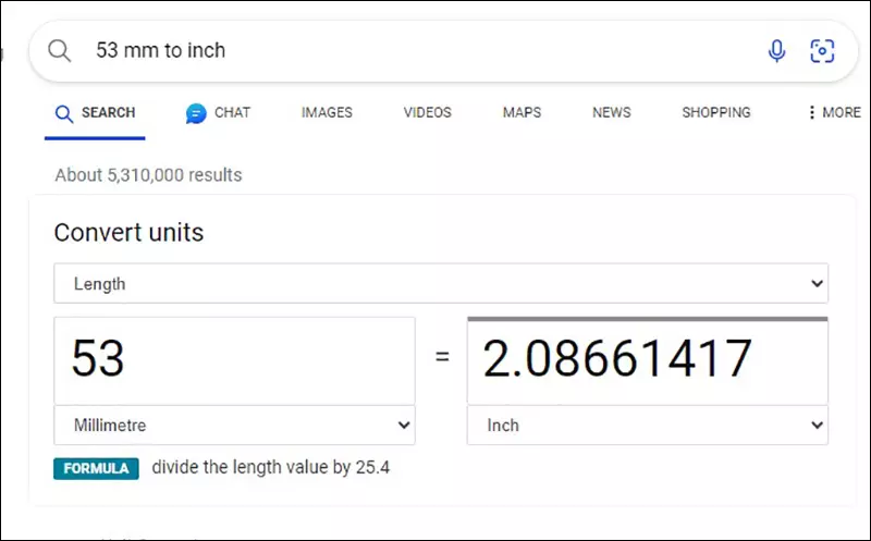 Đổi 53mm sang inch bằng Google