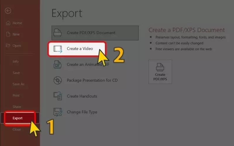 Chọn File > Save & Send (lưu dưới định dạng PPTX) > Chọn Create a video