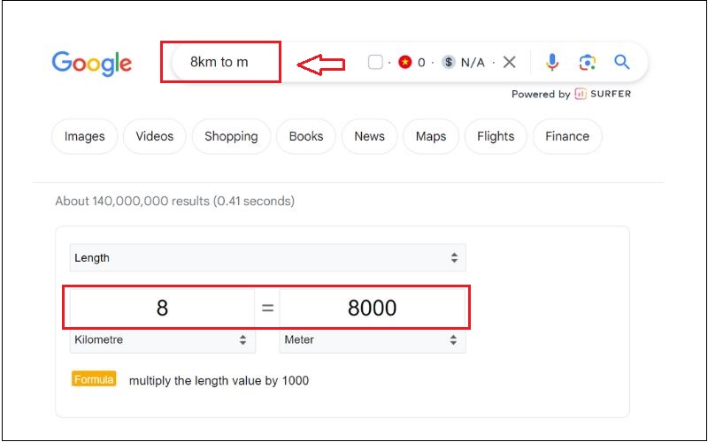 Thực hiện đổi đơn vị đo độ dài bằng Google