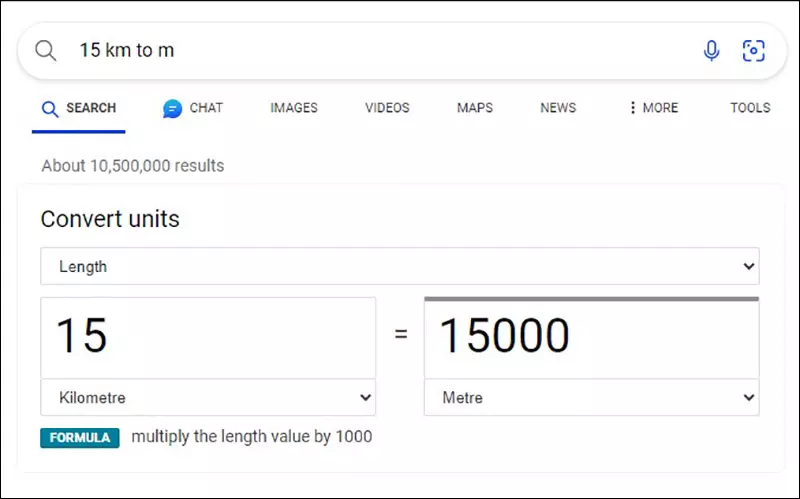 Quy đổi km sang m bằng Google