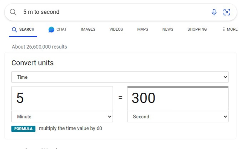 Đổi 5 phút ra giây bằng Google
