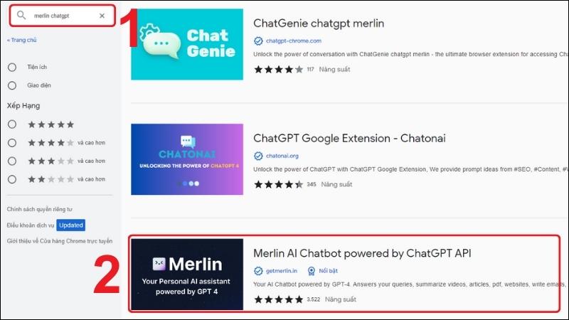 Nhập từ khóa Merlin ChatGPT và chọn tiện ích