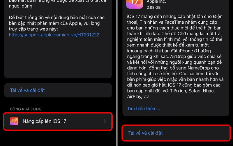 Tiến hành update iOS 17
