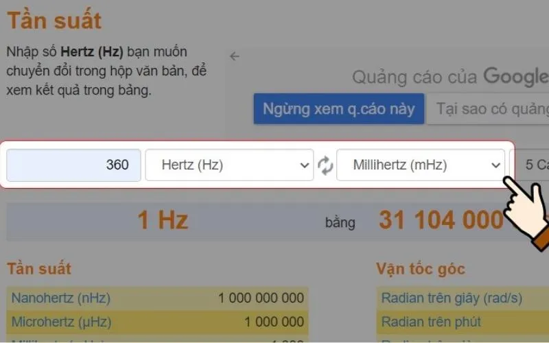 Nhập số lượng muốn chuyển > Chọn đơn vị là Hertz (Hz) > Chọn đơn vị muốn chuyển đổi